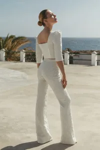 Conjunto de Top joya y palazzo brocado blanco Mía