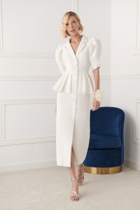 Vestido midi manga farol brocado blanco con peplum