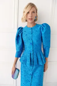 vestido brocado azul con peplum manga abullonada de invitada