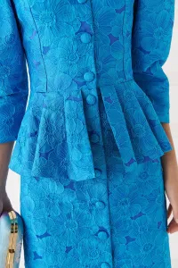 vestido brocado azul con peplum manga abullonada de invitada