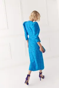 vestido brocado azul con peplum manga abullonada de invitada
