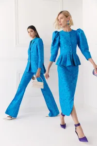 vestido brocado azul con peplum manga abullonada de invitada
