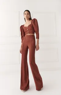 Pantalón Palazzo con jacquard fluido marron para invitada boda