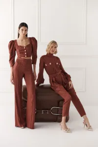 Pantalón Palazzo con jacquard fluido marron para invitada boda