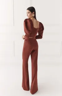 Pantalón Palazzo con jacquard fluido marron para invitada boda