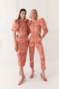 Mono estampadao denim coral con mangas abullonadas