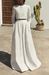 Conjunto de Top brocado y falda larga de flores blanco para boda