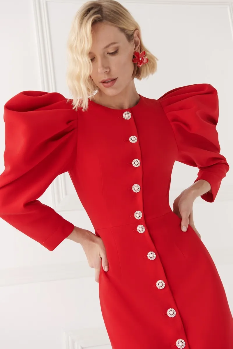 Vestido de invitada con mangas volumen crepe rojo para boda