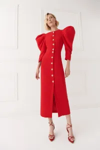 Vestido de invitada con mangas volumen crepe rojo para boda