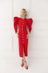 Vestido de invitada con mangas volumen crepe rojo para boda