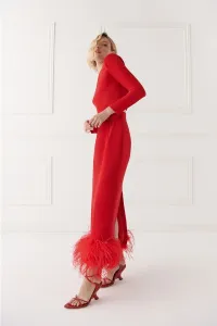 Falda recta falde plumas en crepe rojo