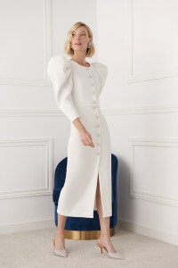 Vestido midi manga abullonada brocado blanco Sophie