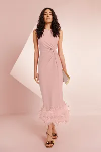Vestido rosa midi drapeado con pluma Angelina
