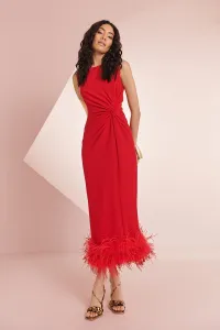 Vestido rosa midi drapeado con pluma Angelina
