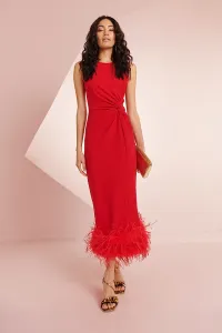Vestido rosa midi drapeado con pluma Angelina