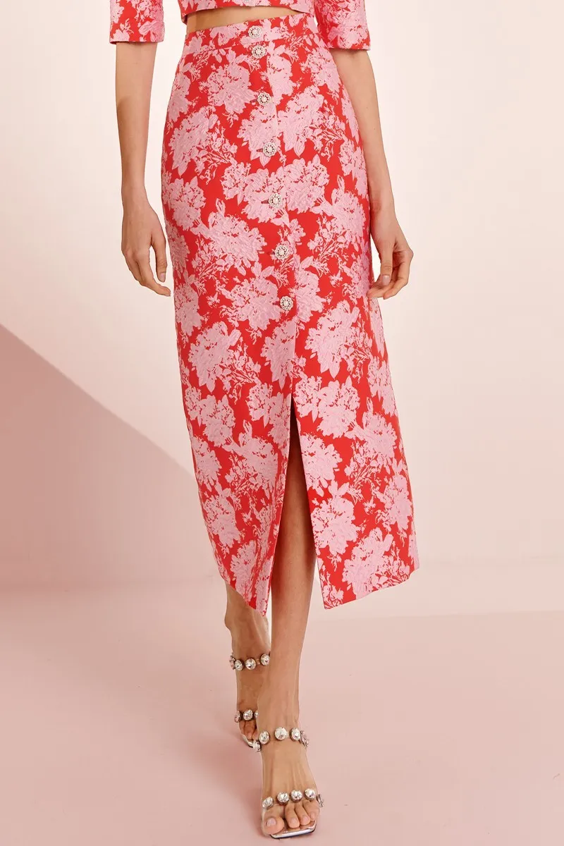 Falda midi de jacquard rojo y rosa con botones joya Rachel