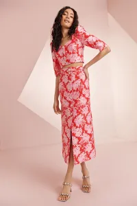 Falda midi de jacquard rojo y rosa con botones joya Rachel
