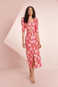 Falda midi de jacquard rojo y rosa con botones joya Rachel