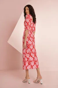 Falda midi de jacquard rojo y rosa con botones joya Rachel