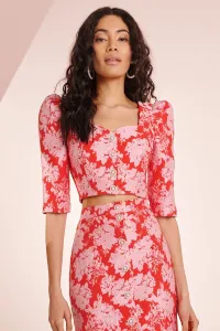 Top joya manga abullonada brocado rojo y rosa Rachel