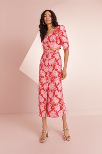 Top joya manga abullonada brocado rojo y rosa Rachel