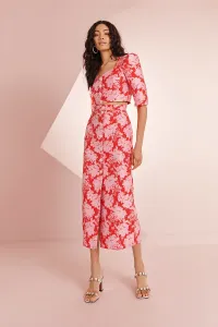 Top joya manga abullonada brocado rojo y rosa Rachel