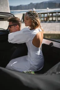 Vestido largo satén blanco y manga abullonada Ivette