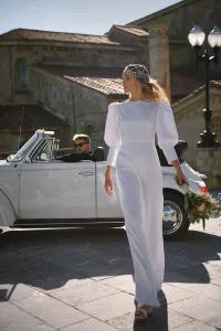 Vestido largo satén blanco y manga abullonada Ivette