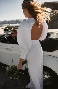 Vestido largo satén blanco y manga abullonada Ivette