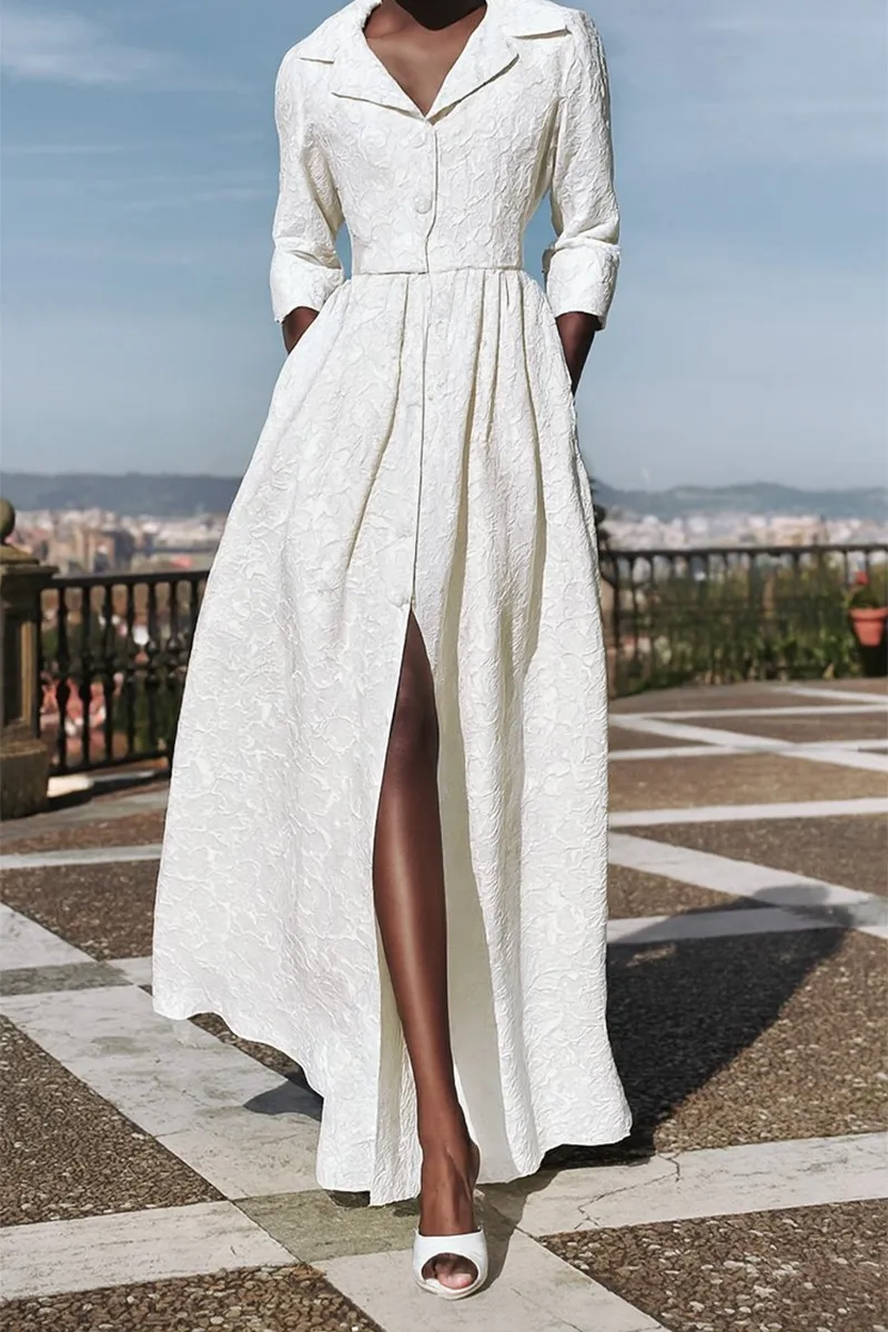 Vestido largo camisero en tejido brocado blanco