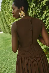 Vestido largo marron chocolate de fiesta para boda con canesú
