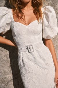 Vestido Mangas abullonadas en jacquard blanco Suzette