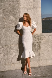 Vestido Mangas abullonadas en jacquard blanco Suzette