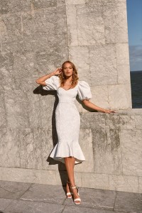 Vestido Mangas abullonadas en jacquard blanco Suzette