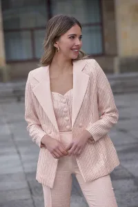 Top en tweed rosa con lentejuelas doradas con manga abullonada