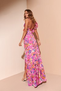 Vestido Largo con Volantes Rosa con estampado de flores Sienna