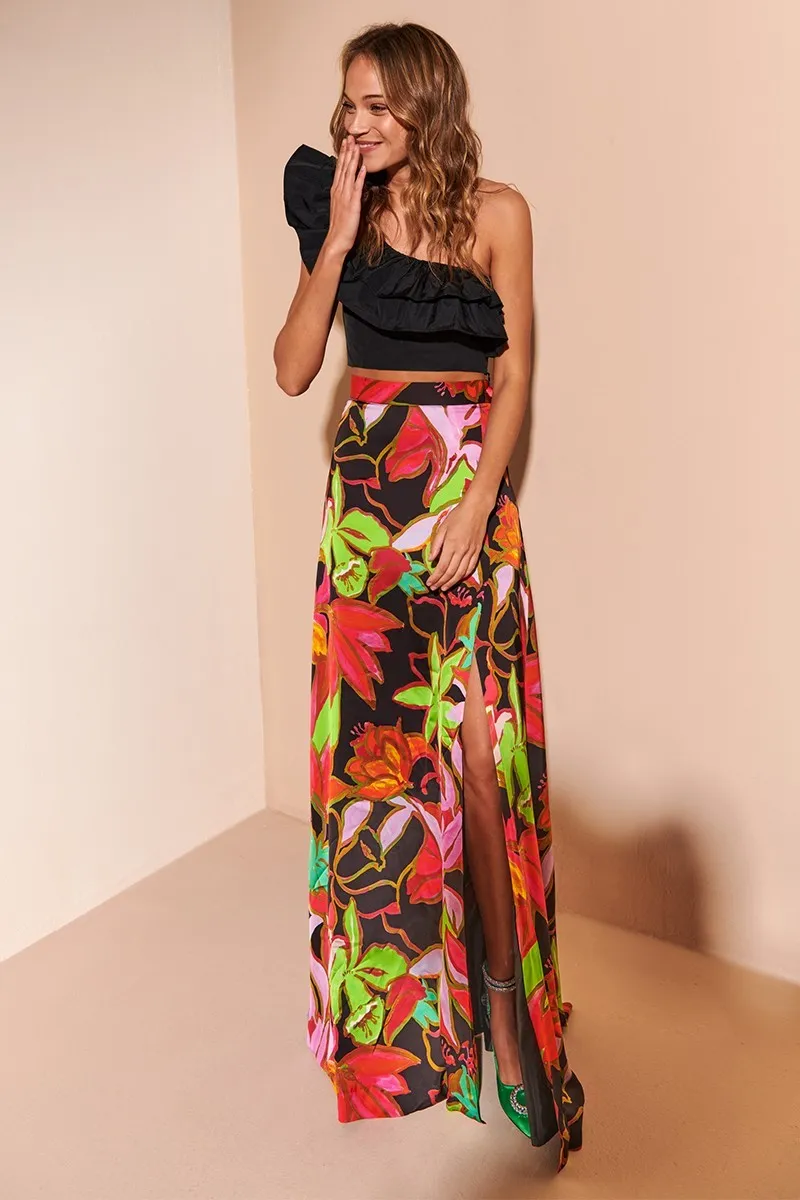 Falda larga estampada de flores con abertura lateral