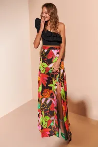 Falda larga estampada de flores con abertura lateral