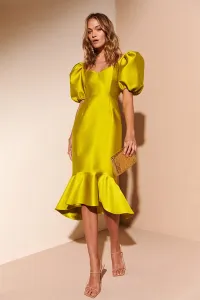 Vestido de fiesta de jacquard verde con mangas abullonadas y