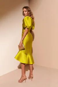 Vestido de fiesta de jacquard verde con mangas abullonadas y