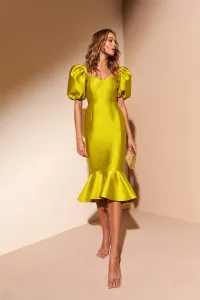 Vestido de fiesta de jacquard verde con mangas abullonadas y