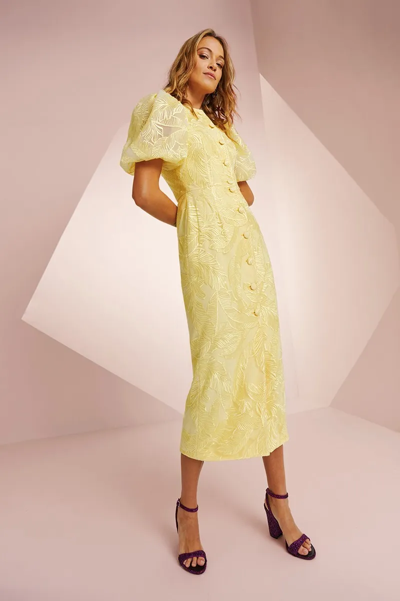 Vestido manga globo bordado hojas amarillo Carey