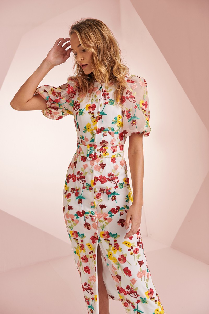 Vestido manga globo bordado flores Jane