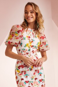 Vestido manga globo bordado flores Jane