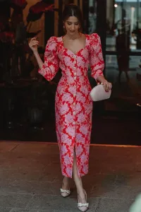 Vestido midi brocado flores rojo y rosa Lucy