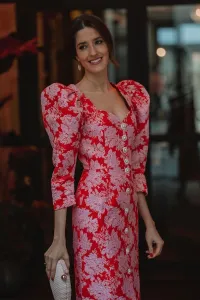 Vestido midi brocado flores rojo y rosa Lucy