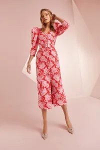 Vestido midi brocado flores rojo y rosa Lucy