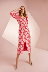Vestido midi brocado flores rojo y rosa Lucy
