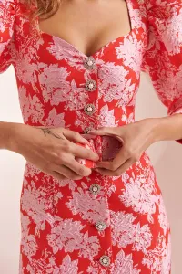 Vestido midi brocado flores rojo y rosa Lucy