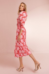 Vestido midi brocado flores rojo y rosa Lucy